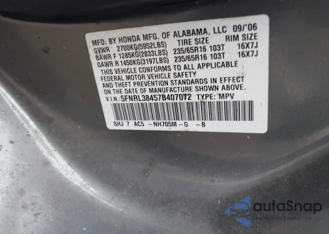 2007 Honda Odyssey Ex z USA, uszkodzony, nr VIN 5FNRL38457B407072